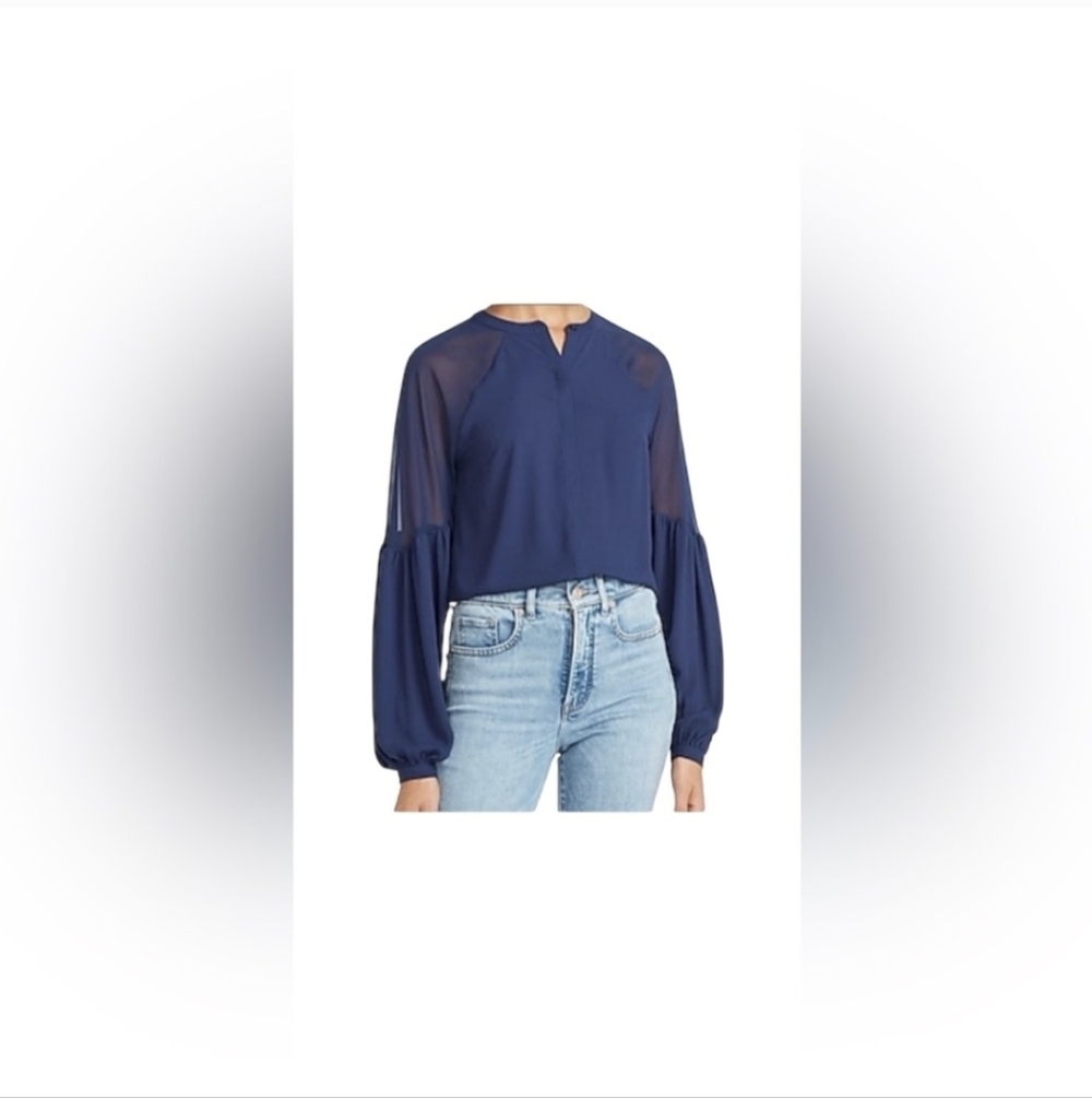 NWT- Express Women’s Navy Blue Chiffon Sheer Pieced Blouse Sz M